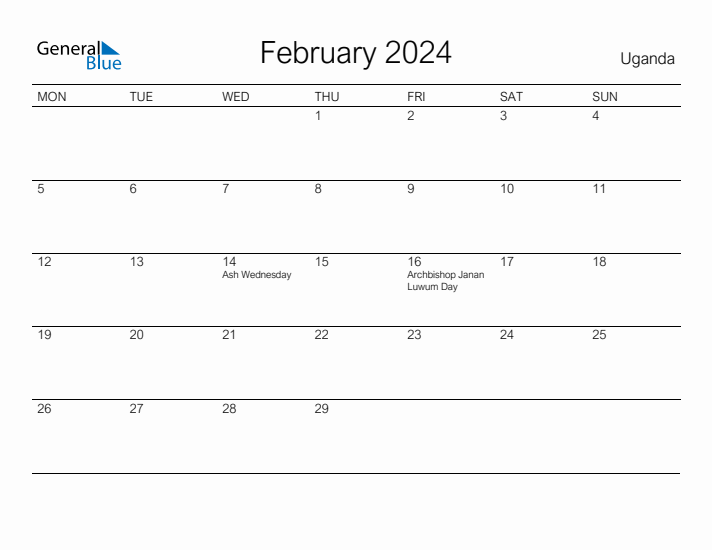 Printable February 2024 Calendar for Uganda