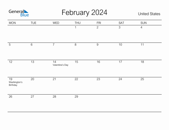 Printable February 2024 Monthly Calendar with Holidays for United States
