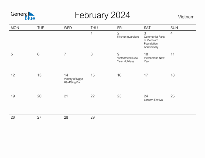 Printable February 2024 Calendar for Vietnam