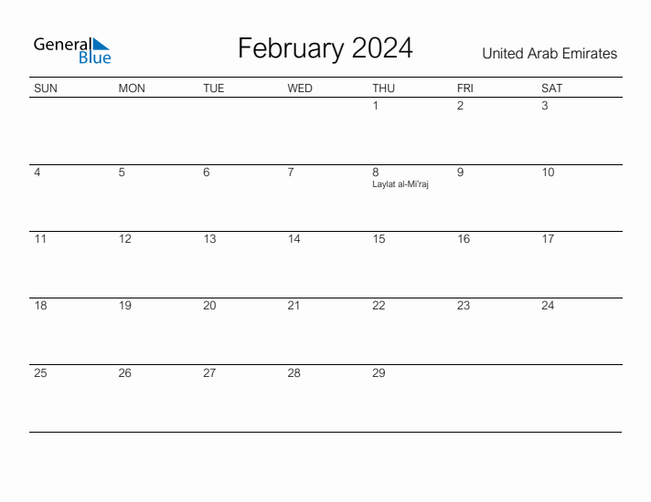 Printable February 2024 Monthly Calendar with Holidays for United Arab