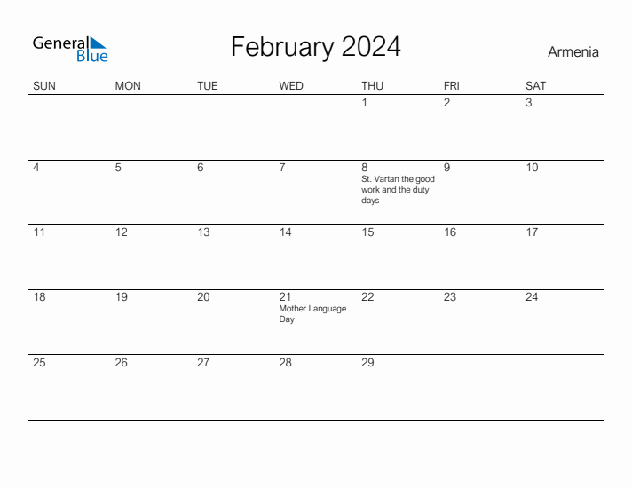 Printable February 2024 Calendar for Armenia