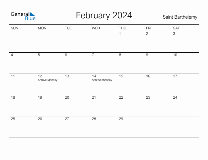 Printable February 2024 Calendar for Saint Barthelemy