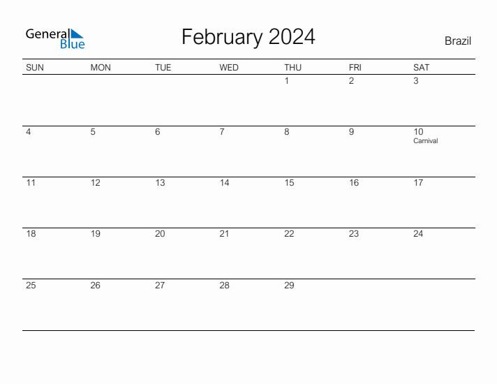 Printable February 2024 Calendar for Brazil