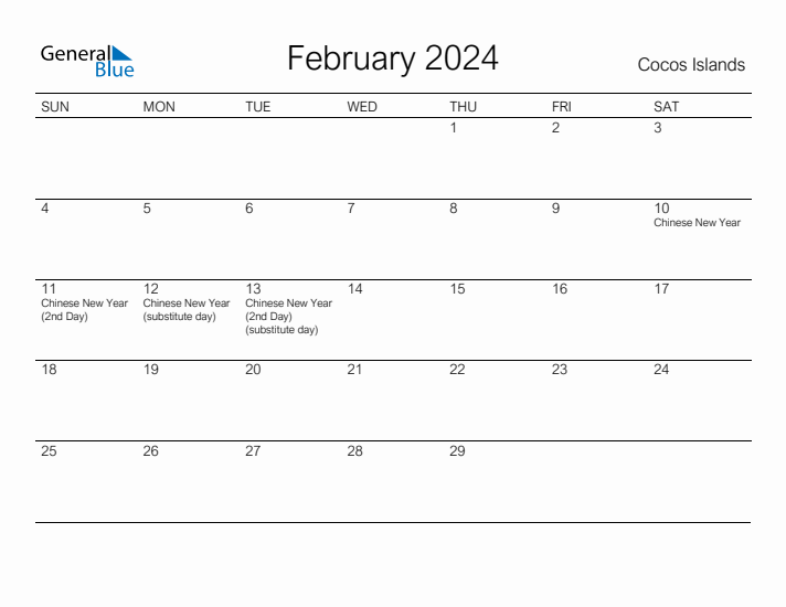 Printable February 2024 Calendar for Cocos Islands