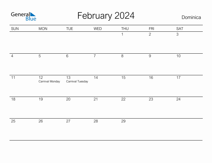 Printable February 2024 Calendar for Dominica