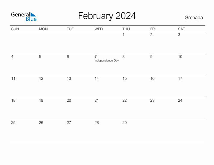 Printable February 2024 Calendar for Grenada