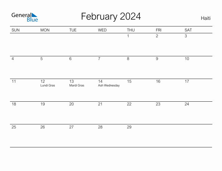 Printable February 2024 Calendar for Haiti