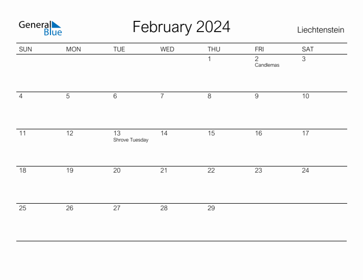 Printable February 2024 Calendar for Liechtenstein