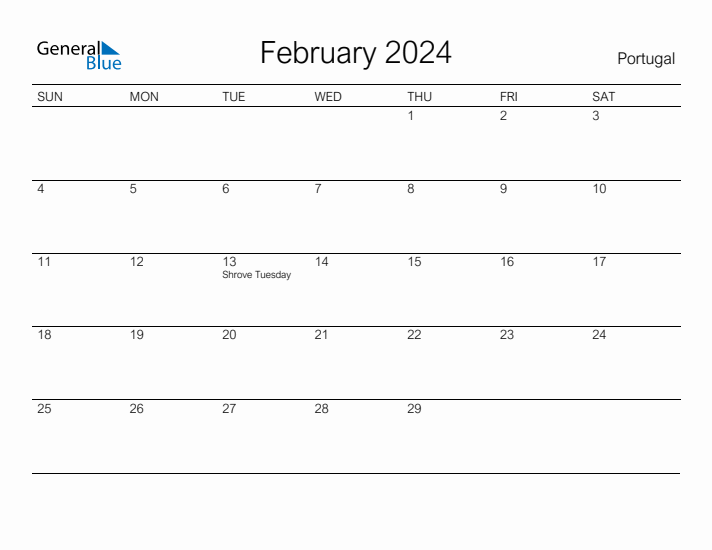 Printable February 2024 Calendar for Portugal