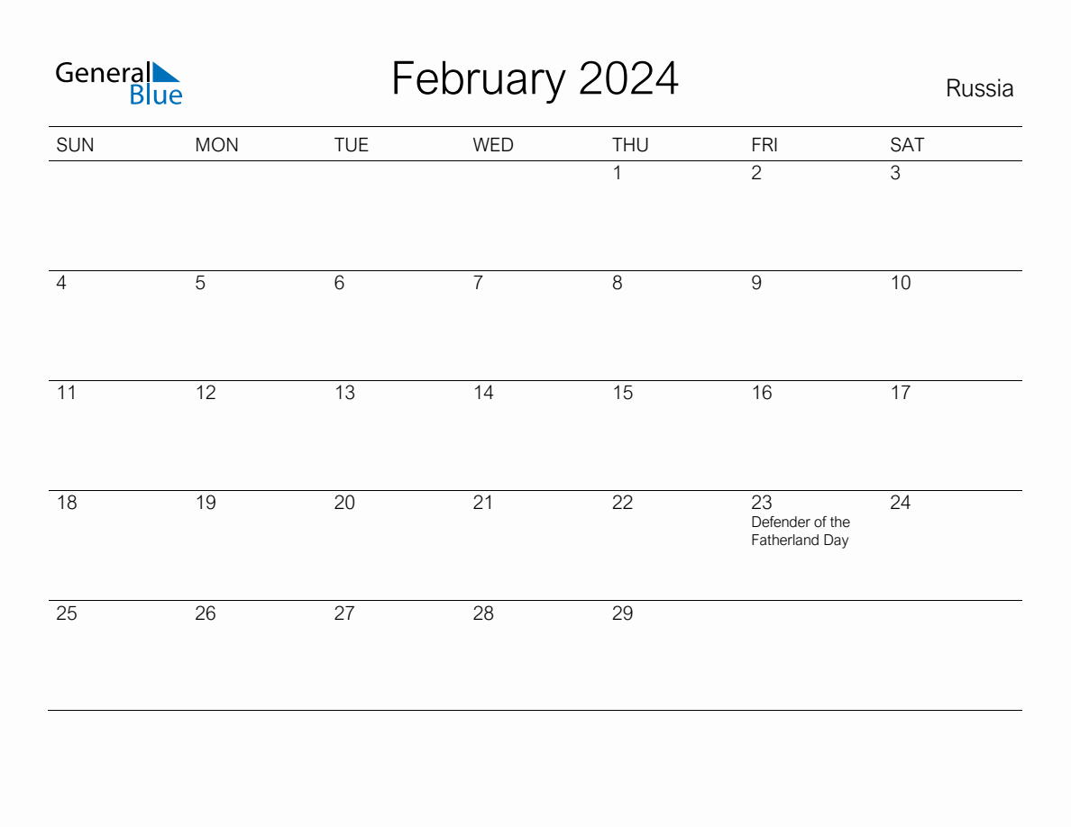 Printable February 2024 Monthly Calendar with Holidays for Russia