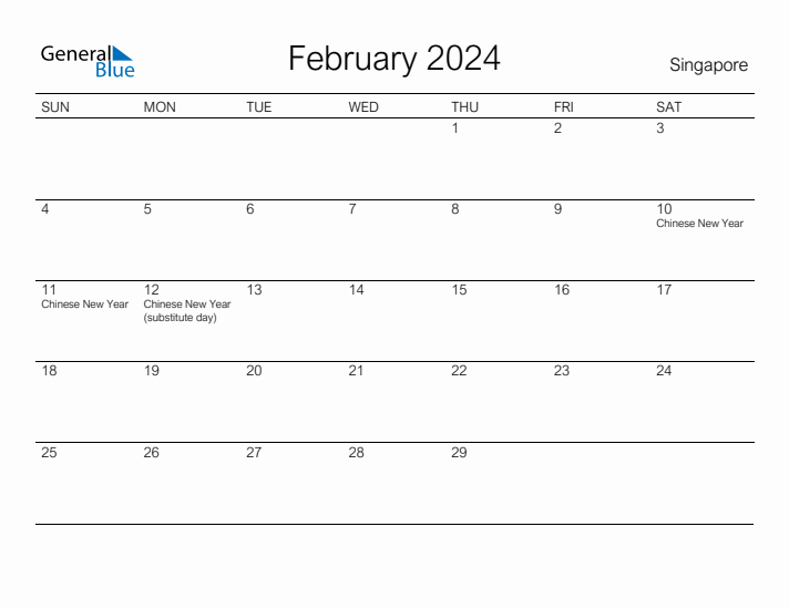 Printable February 2024 Calendar for Singapore