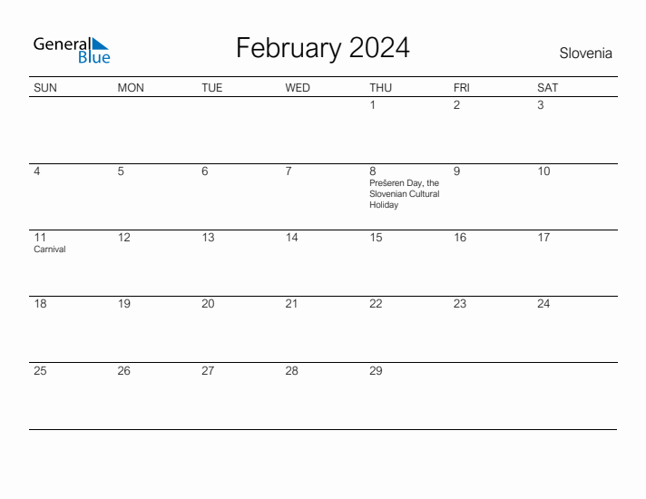 Printable February 2024 Calendar for Slovenia