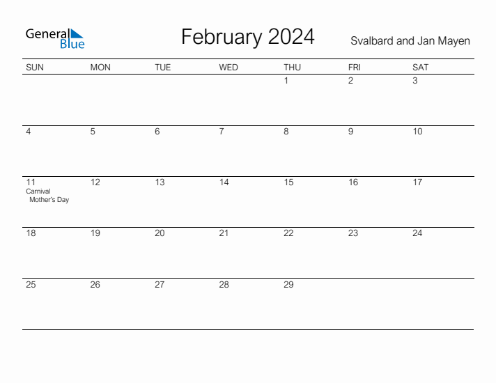 Printable February 2024 Calendar for Svalbard and Jan Mayen