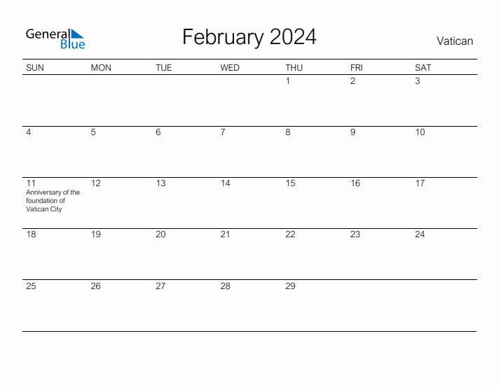 Printable February 2024 Calendar for Vatican