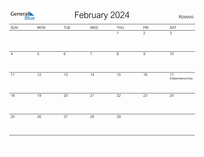 Printable February 2024 Calendar for Kosovo