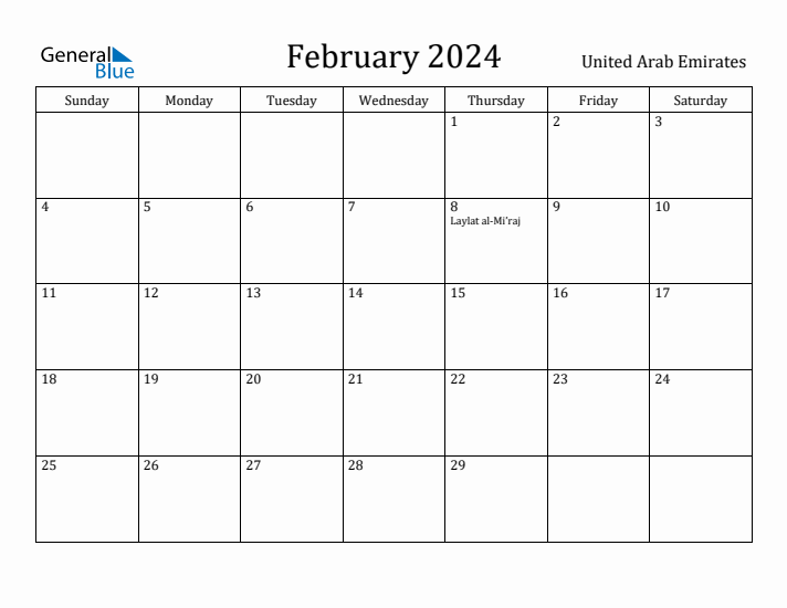 February 2024 Calendar United Arab Emirates