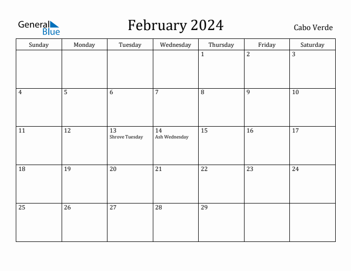 February 2024 Calendar Cabo Verde