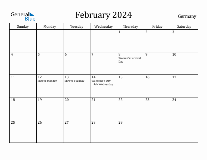 February 2024 Monthly Calendar with Germany Holidays