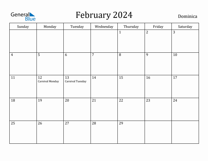 February 2024 Monthly Calendar with Dominica Holidays