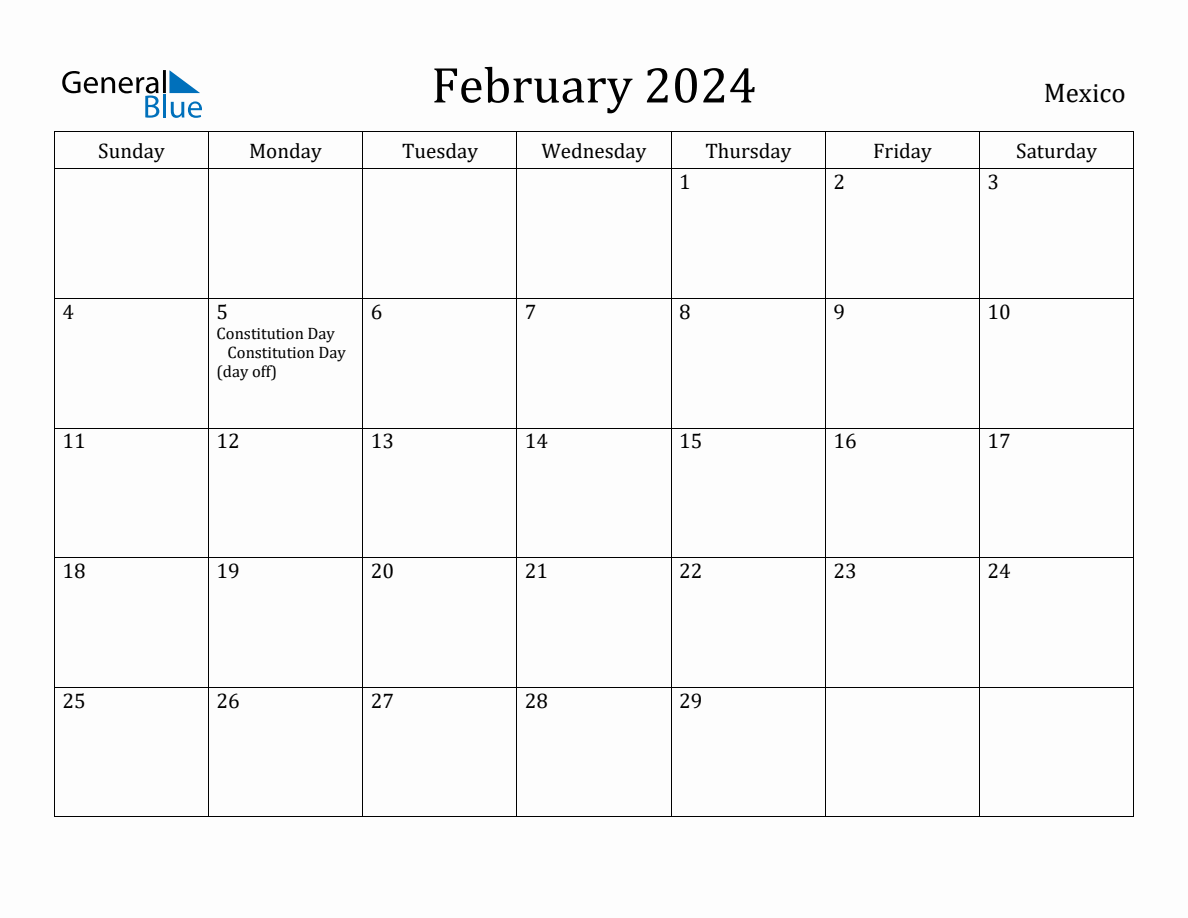 February 2024 Monthly Calendar with Mexico Holidays