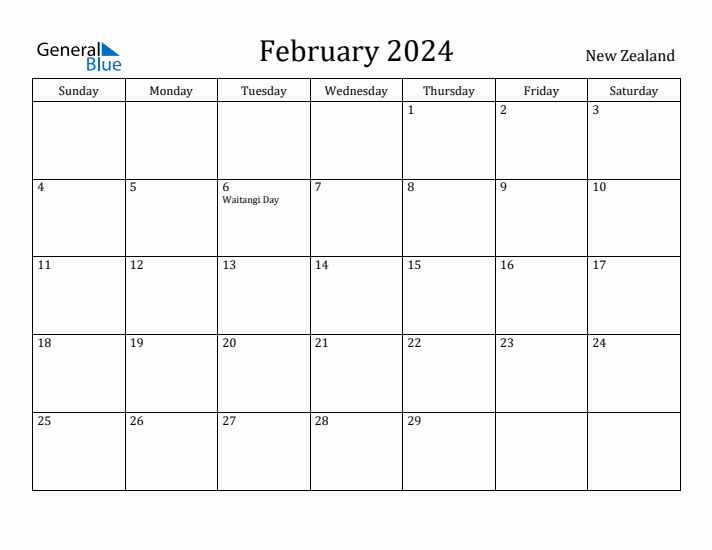 February 2024 Monthly Calendar with New Zealand Holidays