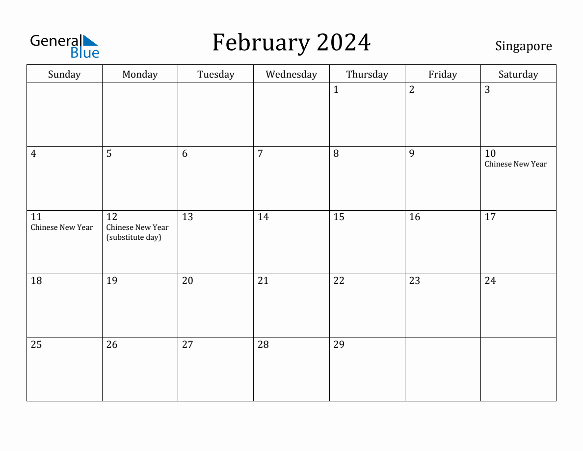 February 2024 Monthly Calendar with Singapore Holidays
