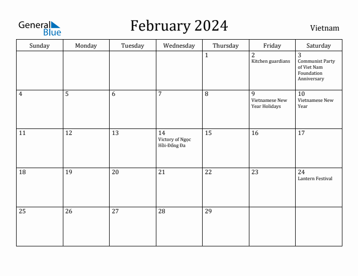 February 2024 Monthly Calendar with Vietnam Holidays