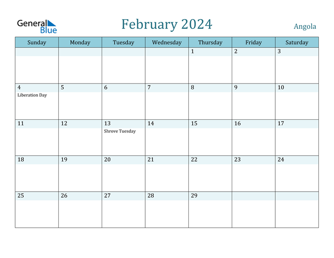 Angola February 2024 Calendar with Holidays