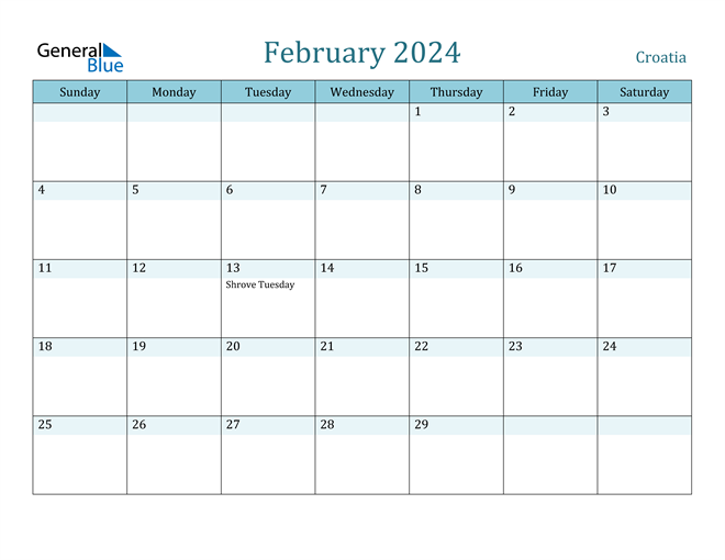 Croatia February 2024 Calendar with Holidays