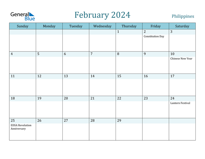 2024 February Calendar Printable With Holidays Philippines Country