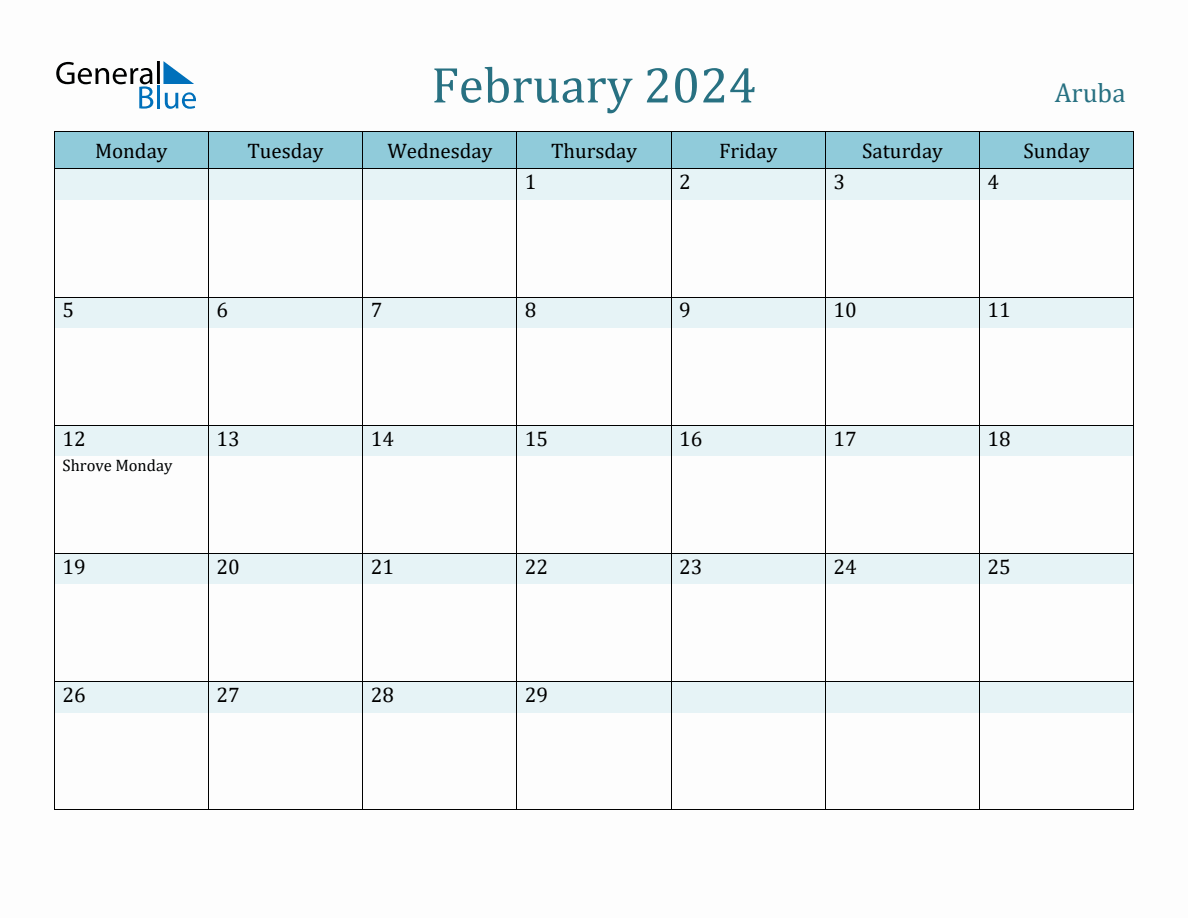 Aruba Holiday Calendar for February 2024