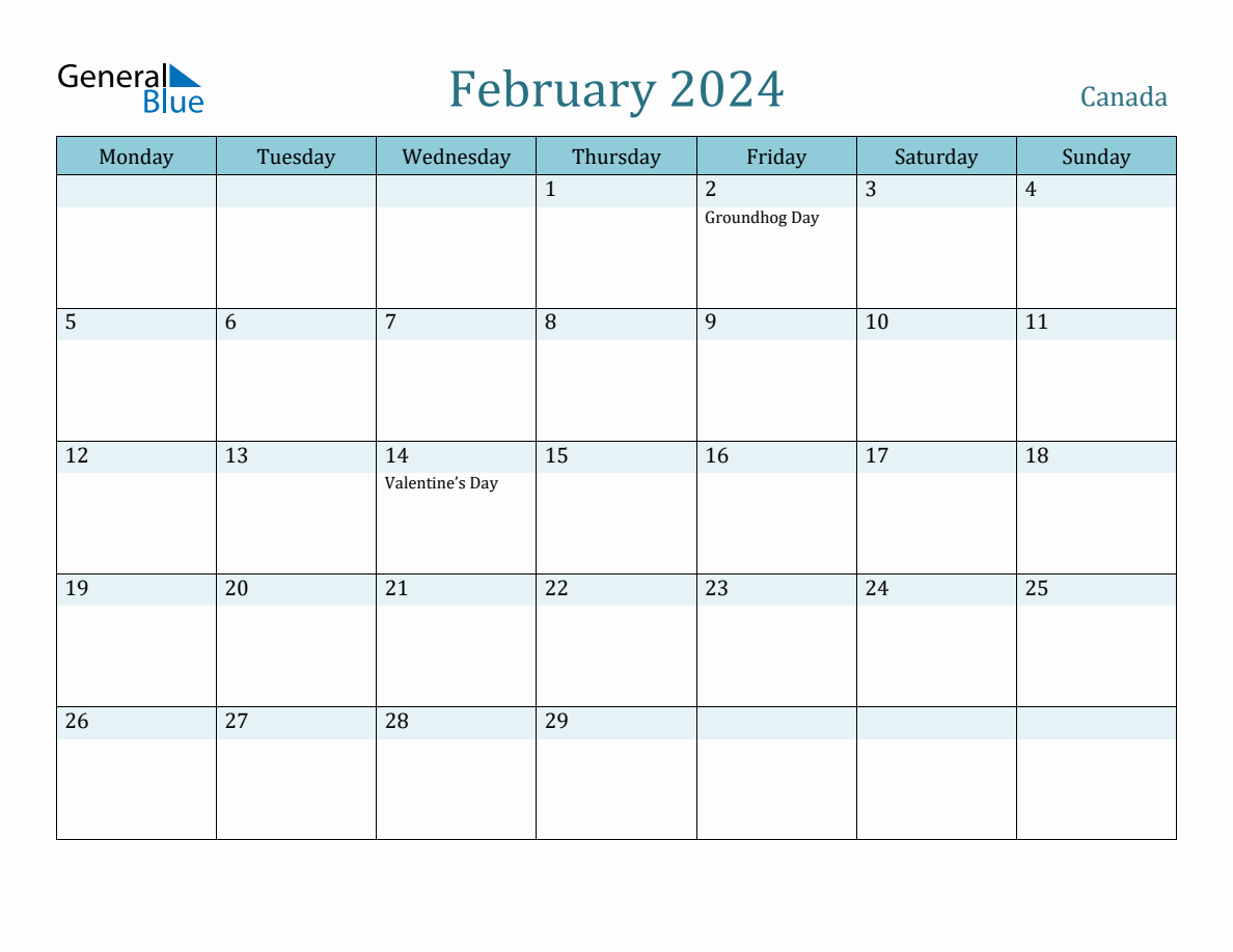 Canada Holiday Calendar for February 2024