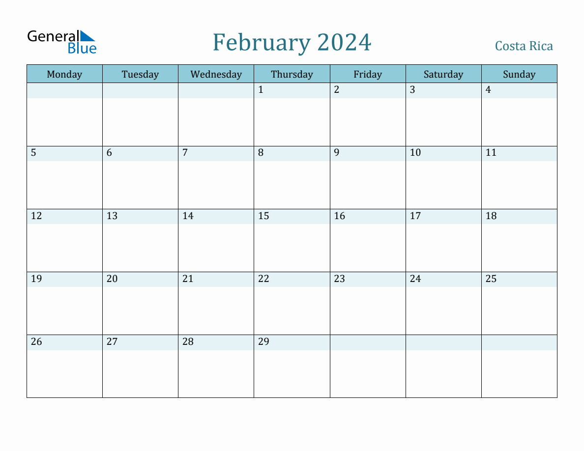 Costa Rica Holiday Calendar for February 2024