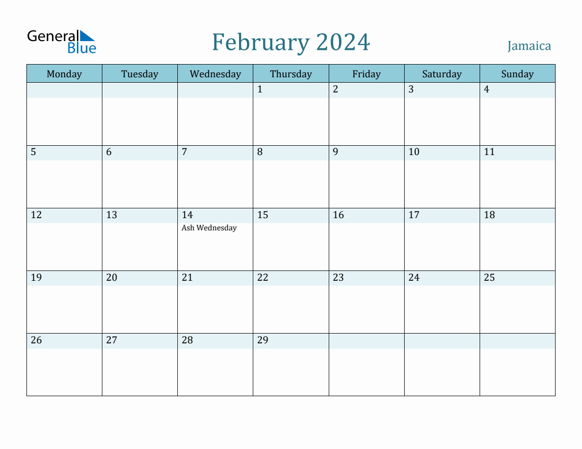 Jamaica Holiday Calendar for February 2024