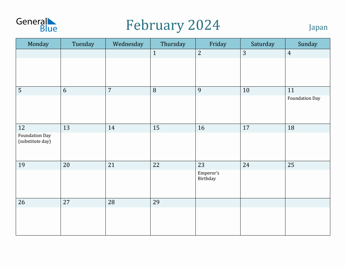 Japan Holiday Calendar for February 2024