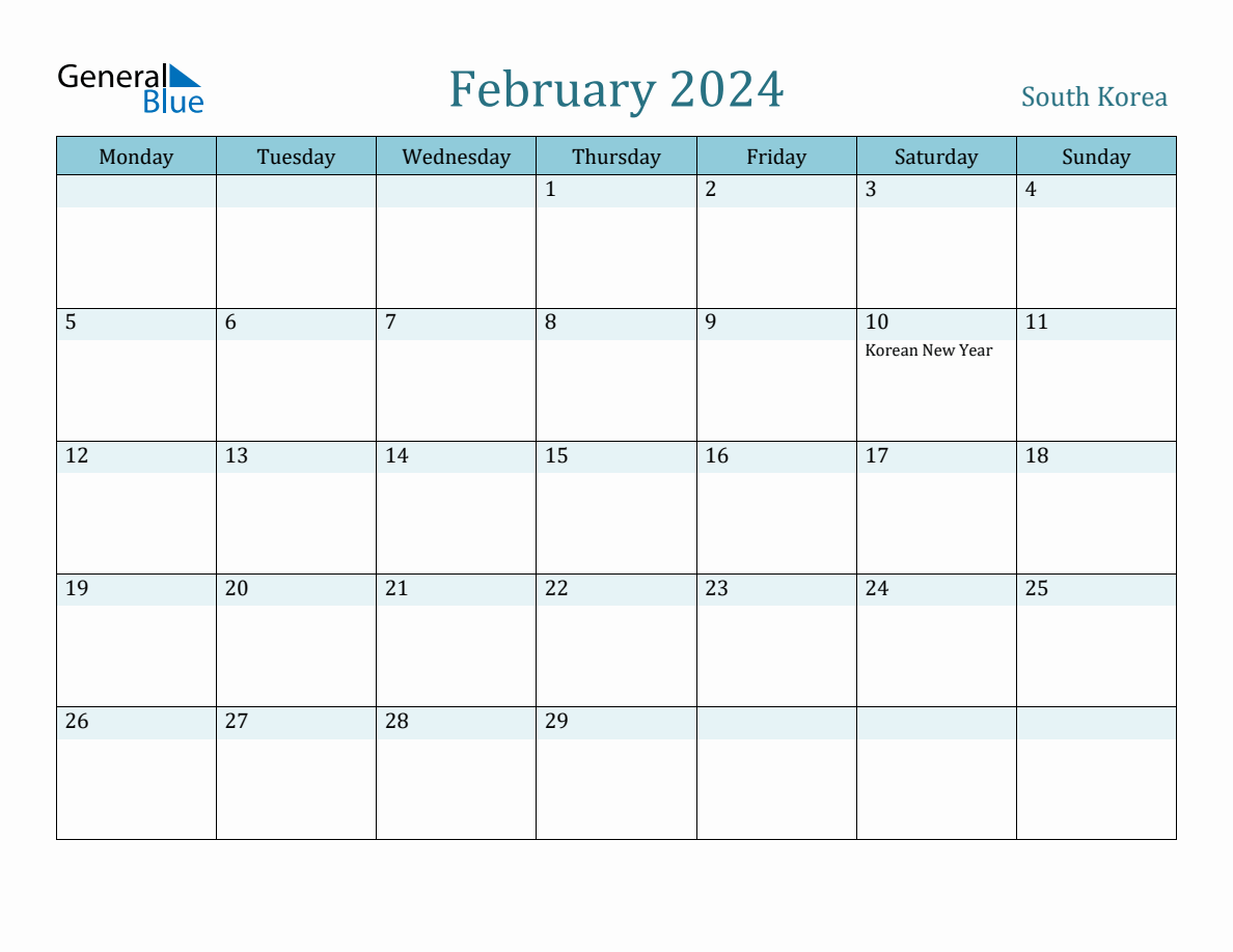 South Korea Holiday Calendar for February 2024