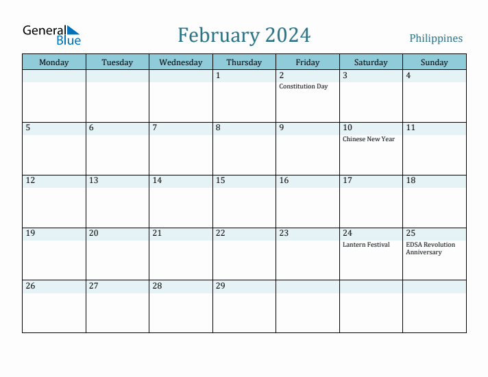 Philippines Holiday Calendar for February 2024