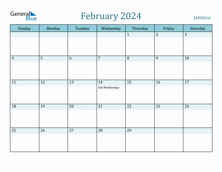 February 2024 Monthly Calendar with Jamaica Holidays