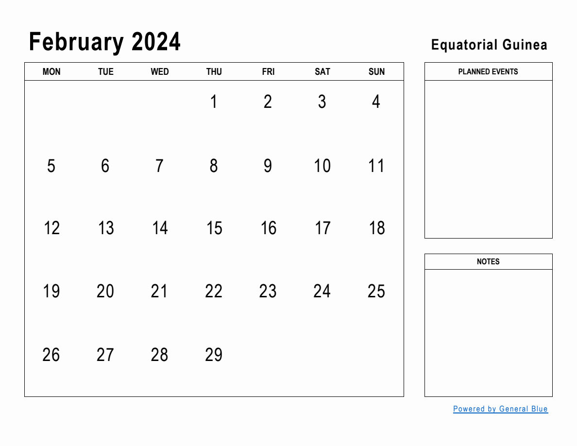 February 2024 Planner with Equatorial Guinea Holidays