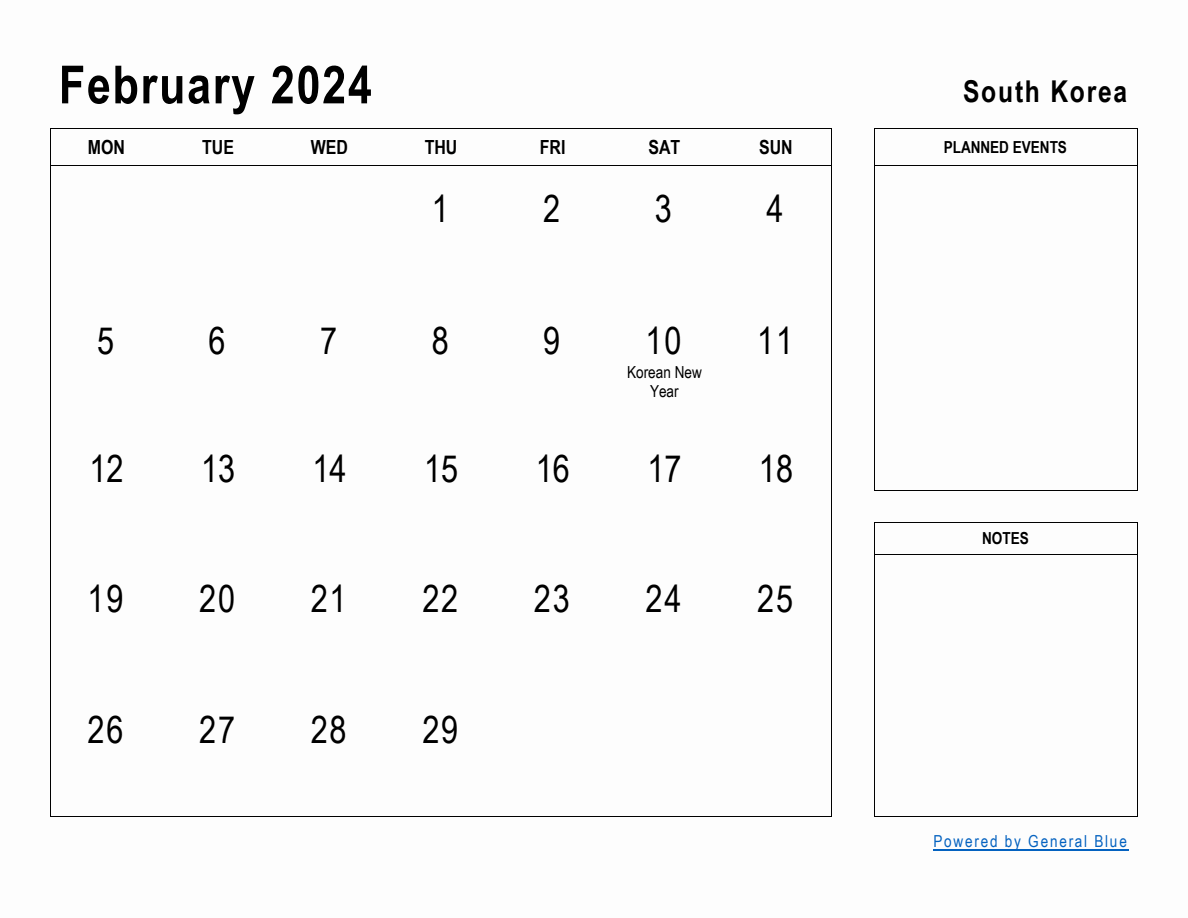 February 2024 Planner with South Korea Holidays