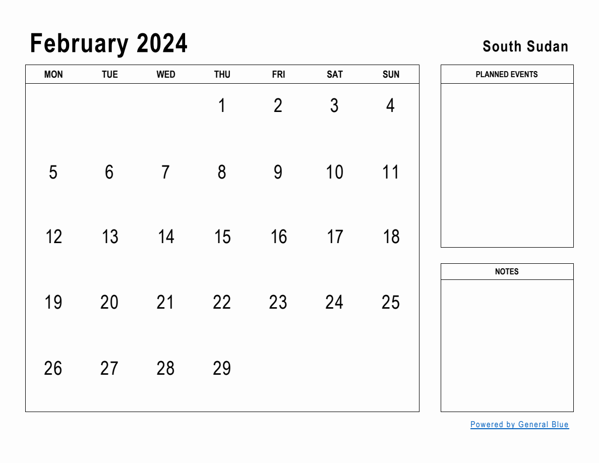 February 2024 Planner with South Sudan Holidays