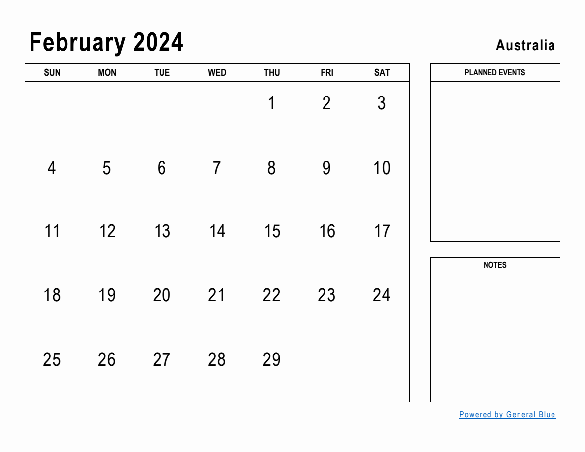 February 2024 Planner with Australia Holidays