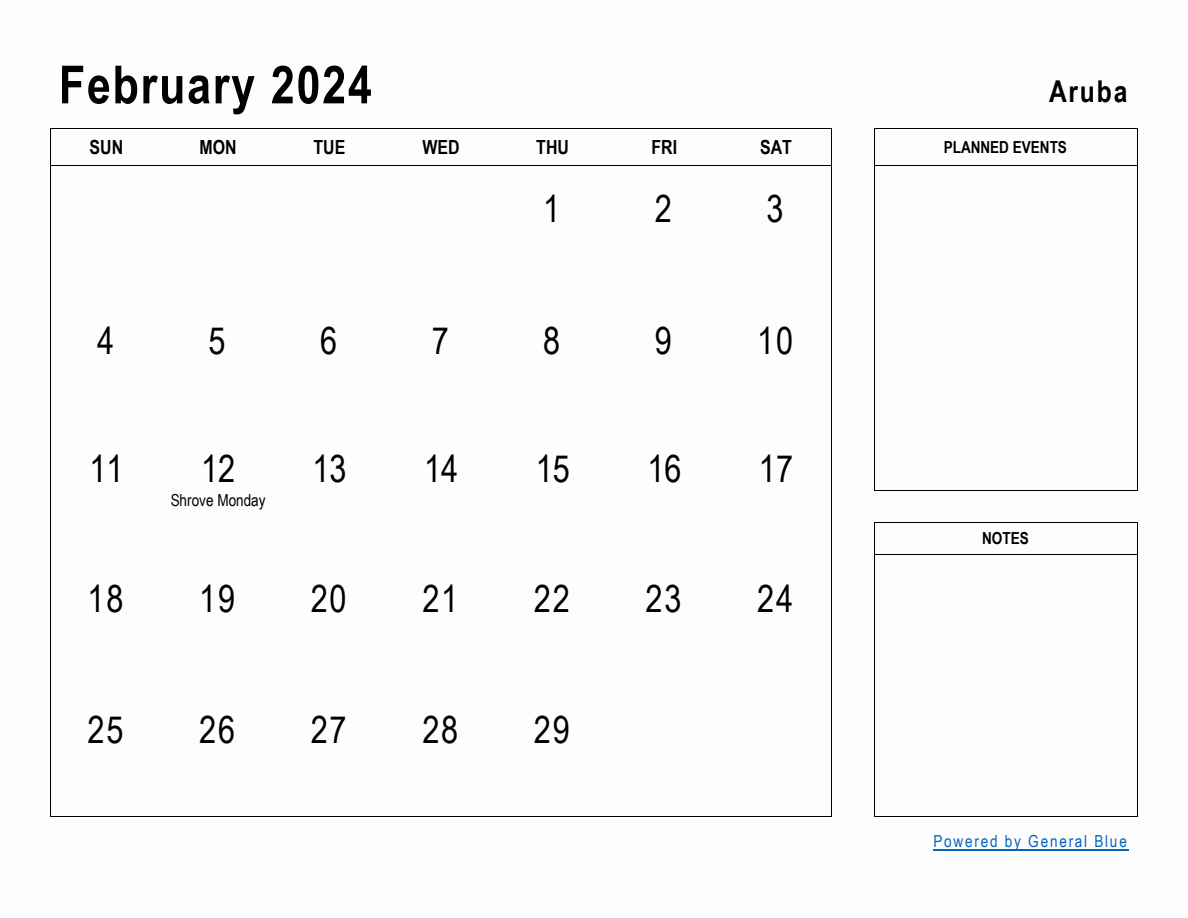 February 2024 Planner with Aruba Holidays