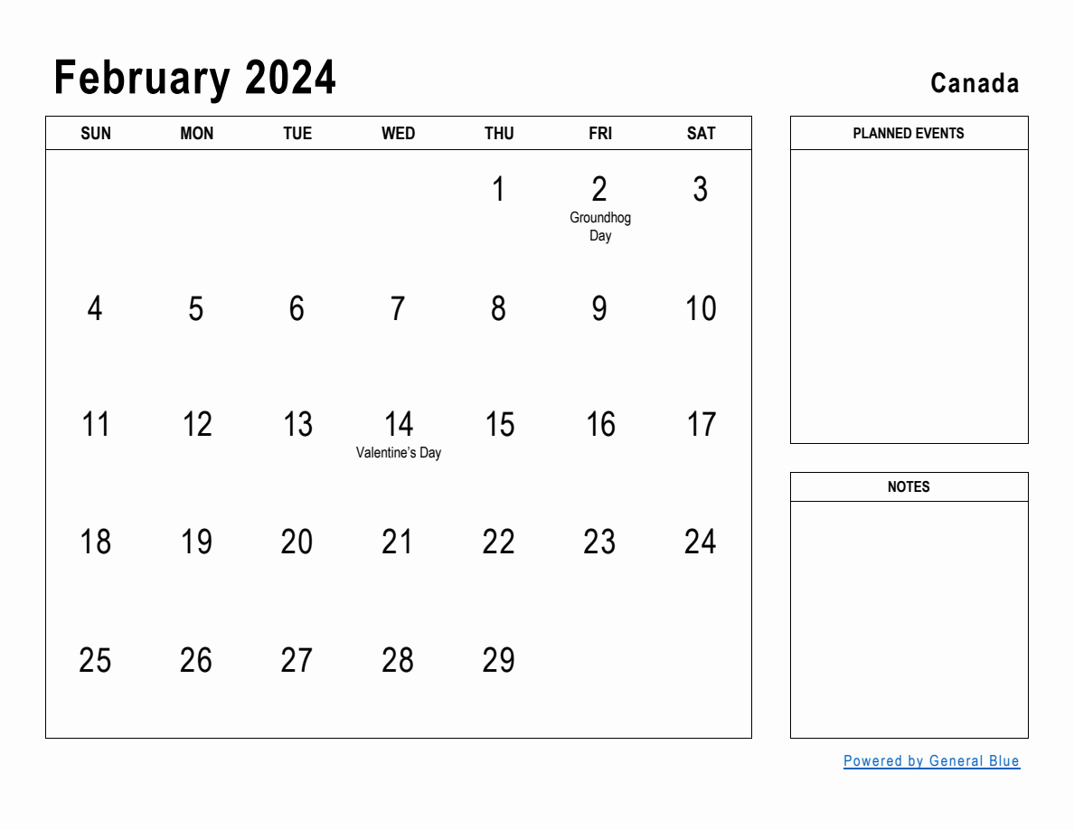 February 2024 Planner with Canada Holidays