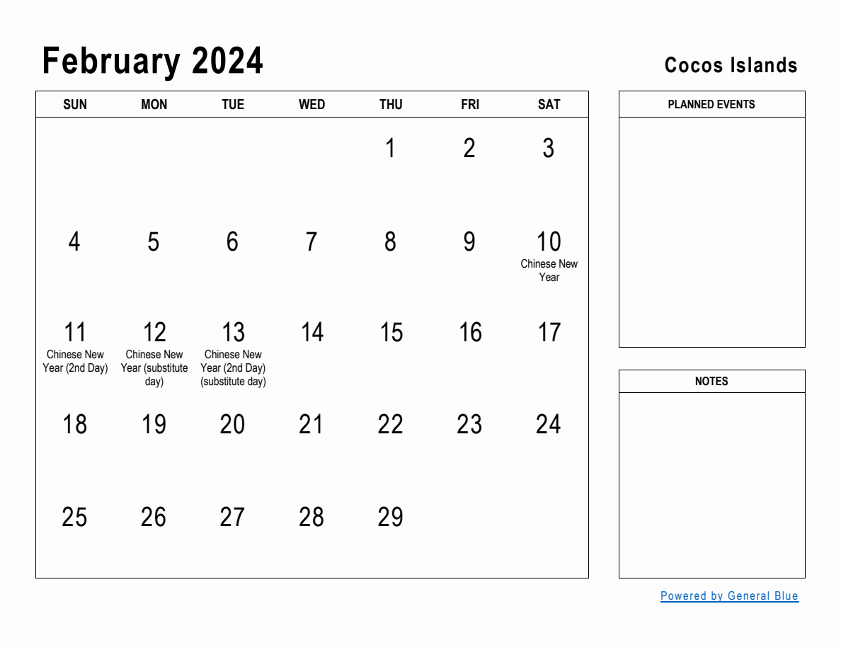 February 2024 Planner with Cocos Islands Holidays