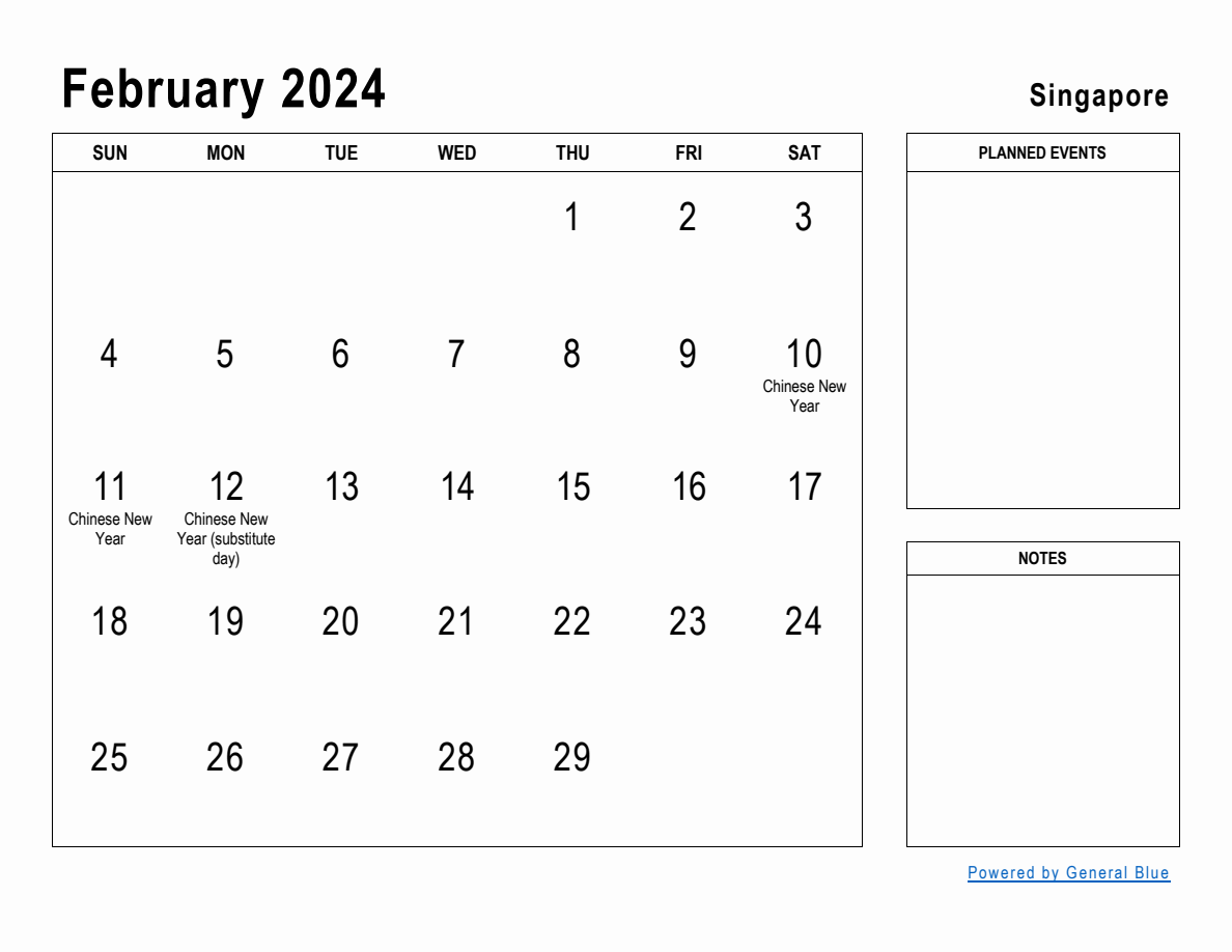 February 2024 Planner with Singapore Holidays