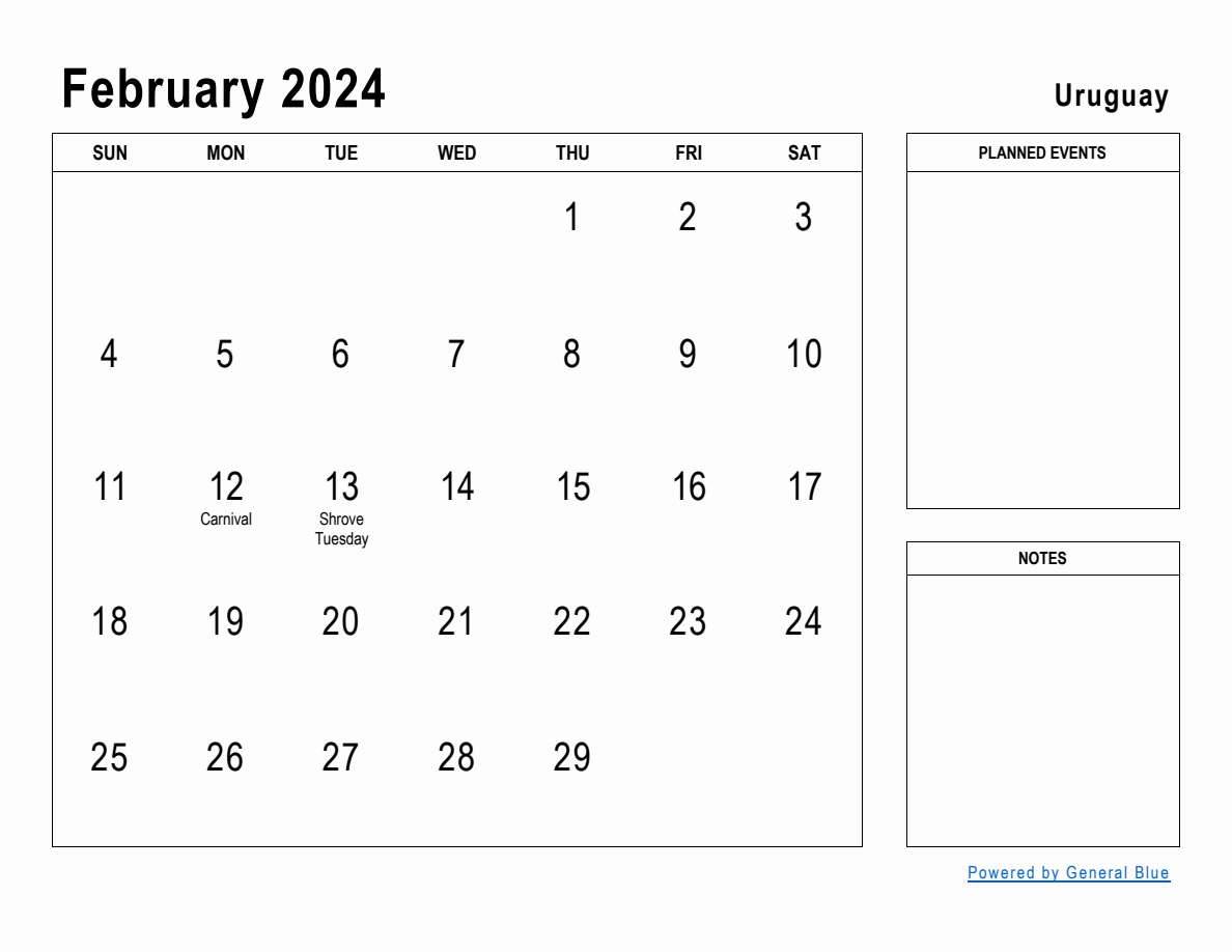 February 2024 Planner with Uruguay Holidays
