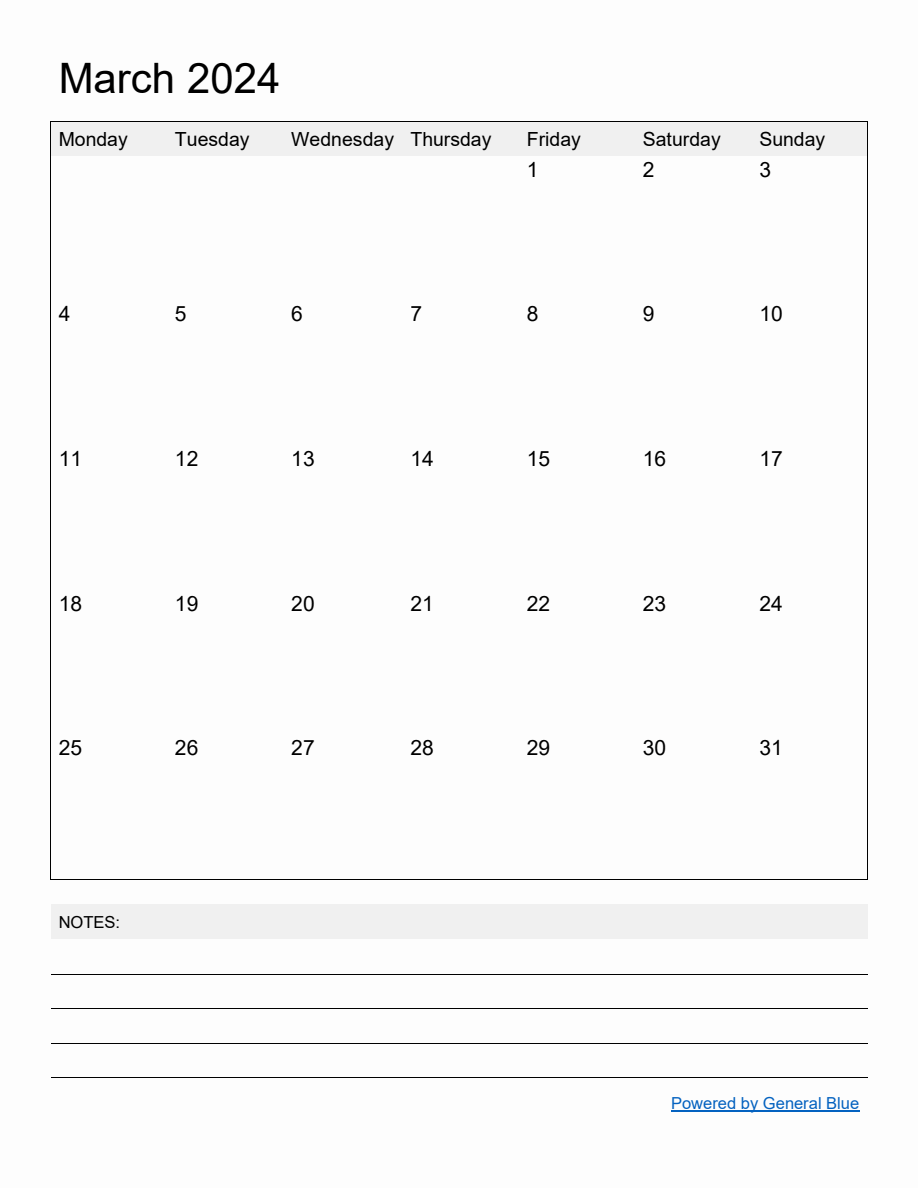 Free Printable Monthly Calendar for March 2024