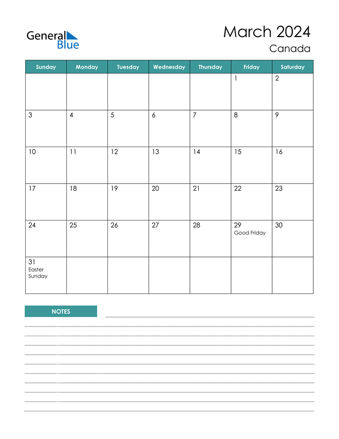March 2024 Calendar with Canada Holidays