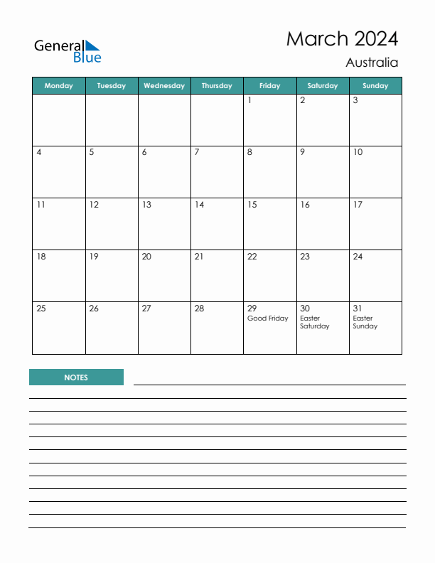March 2024 Australia Monthly Calendar with Holidays